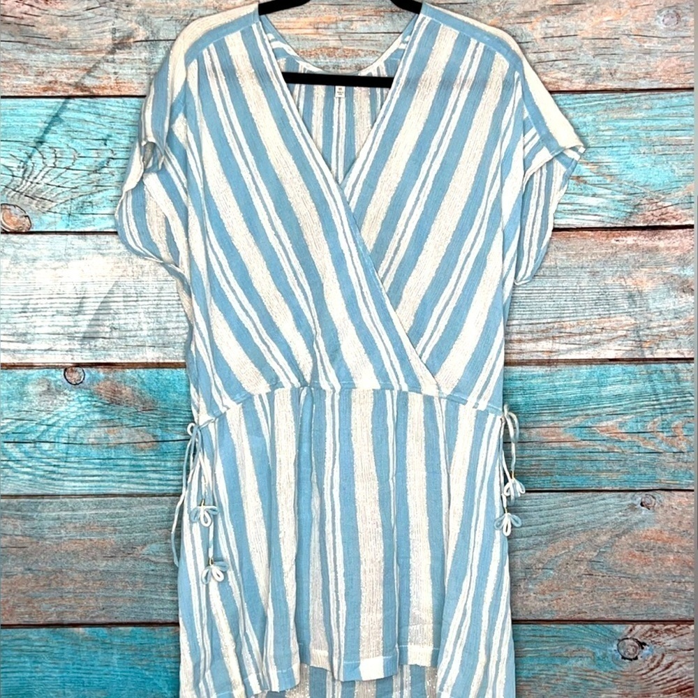 Joie Swim Cover XS Mini Dress Metallic Striped Blue White Coastal Tassels Boho